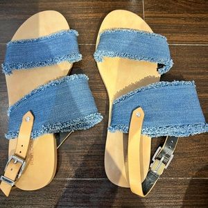 Rebecca Minkoff Women's Peep Toe Denim Ankle Strap Flats Blue Size 7.5